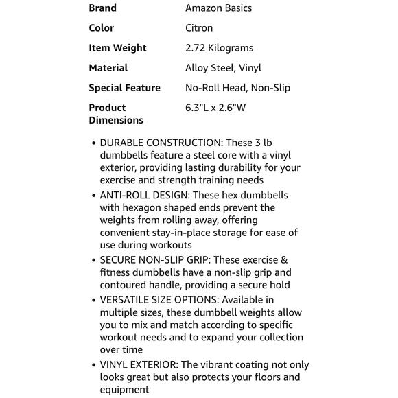 Amazon Basics Vinyl Coated Dumbbell Hand Weights Bright Green 3LB Each S21 - Picture 4 of 5